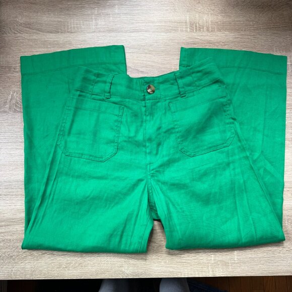 New Anthropologie Maeve The Colette Linen Cropped Wide Leg Pants Bright Green 28 - Picture 3 of 9